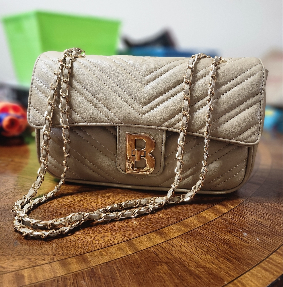 Elegant Beige BEBE Quilted Chain Bag